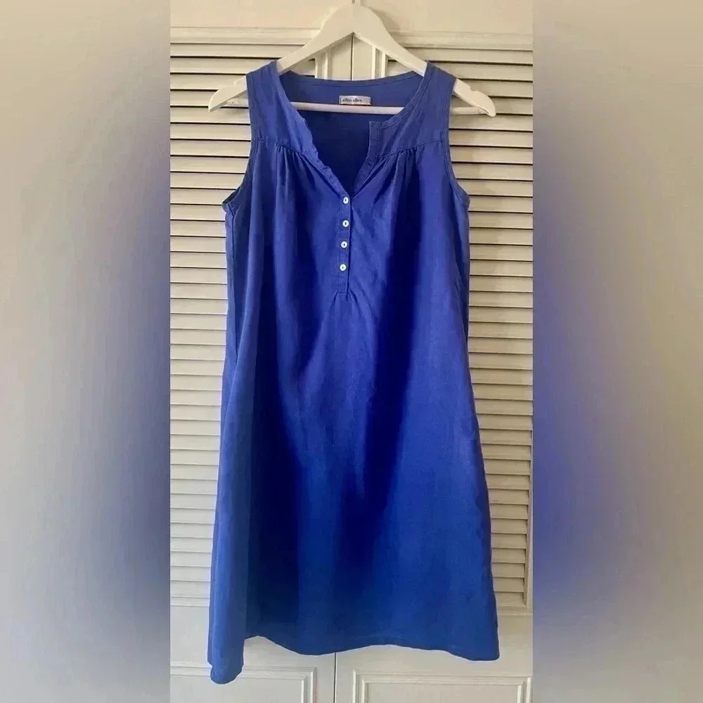 Allen Allen Women’s Blue Linen Sleeveless Pintucked w/Buttons Shift Dress SZ S
